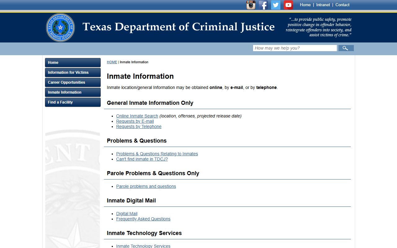 TDCJ inmate information page with online, email, and telephone lookup options