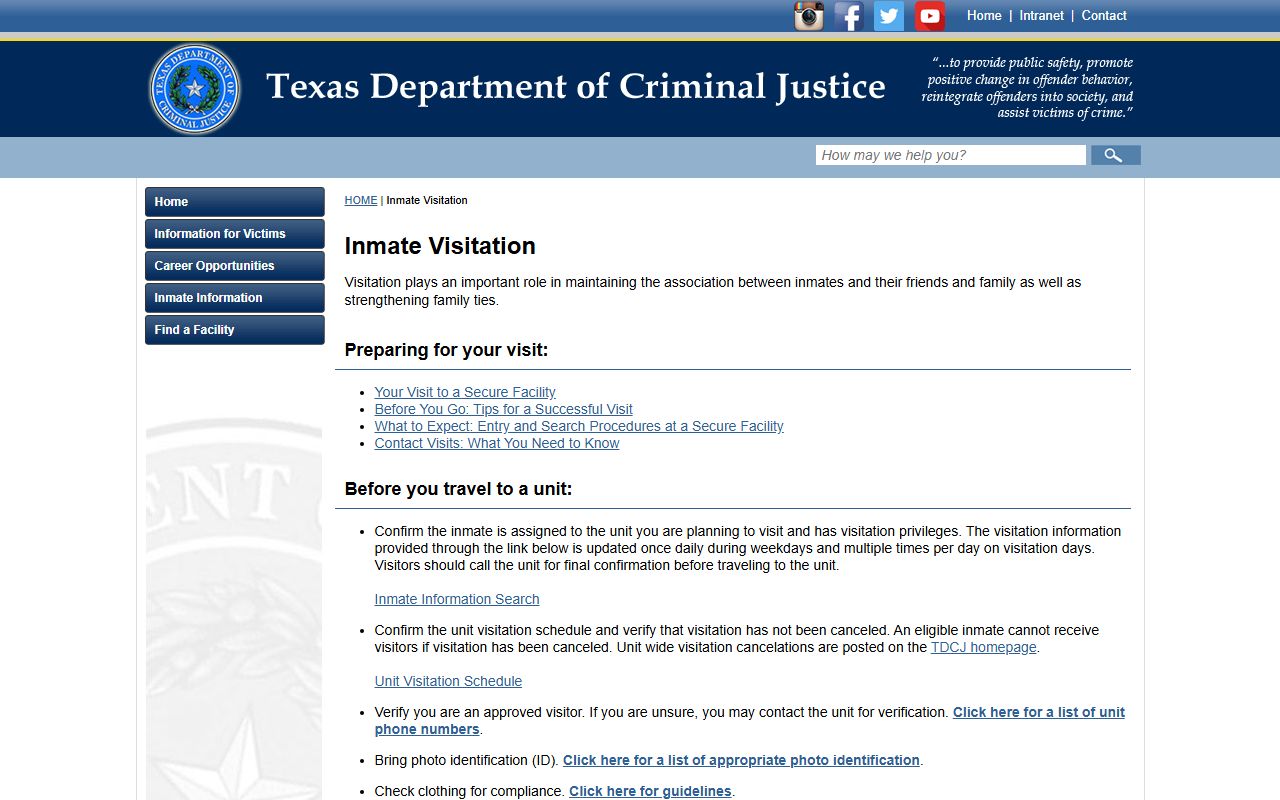TDCJ visitation requirements page