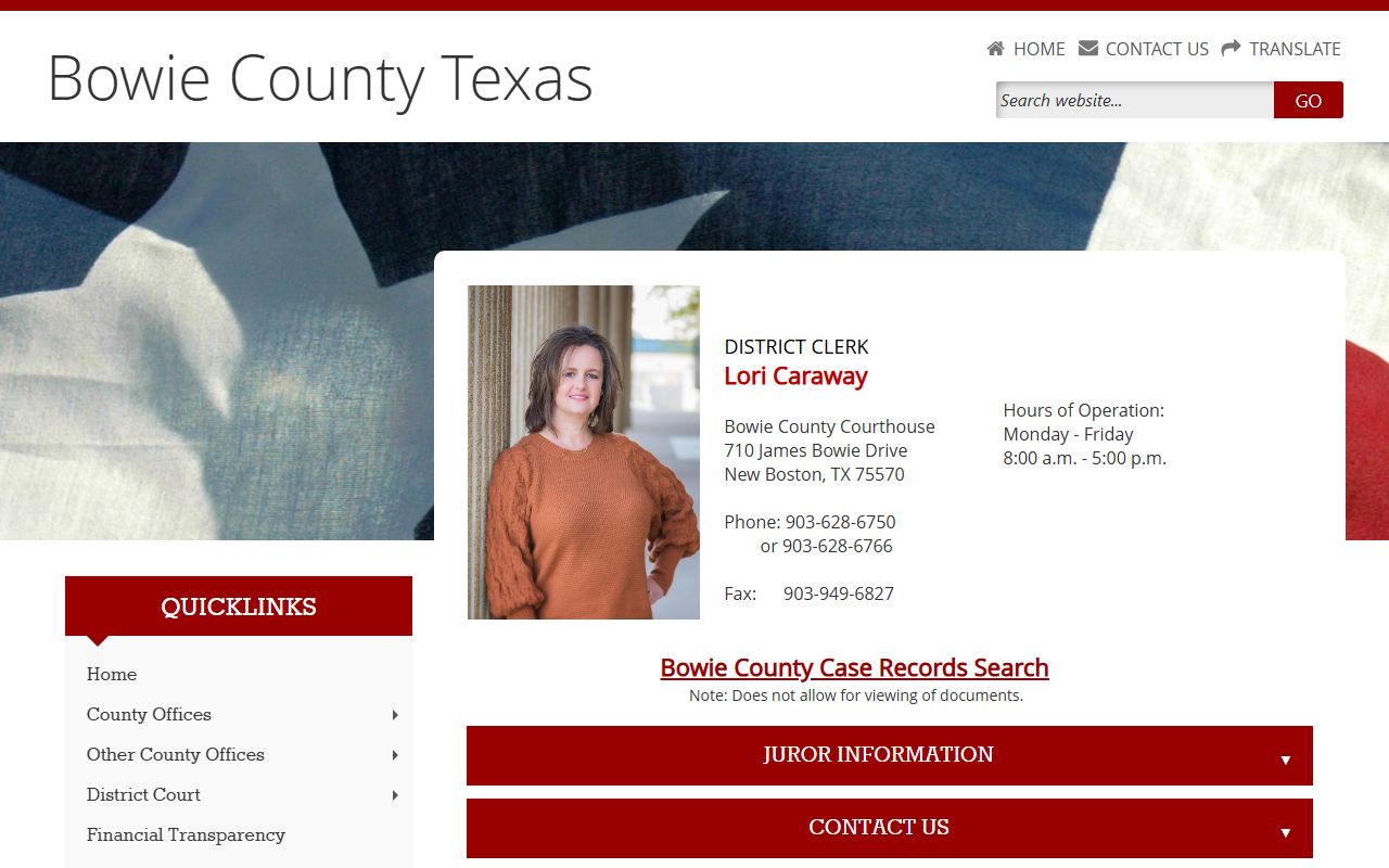 Bowie County court records after jail arrest District Clerk contact page