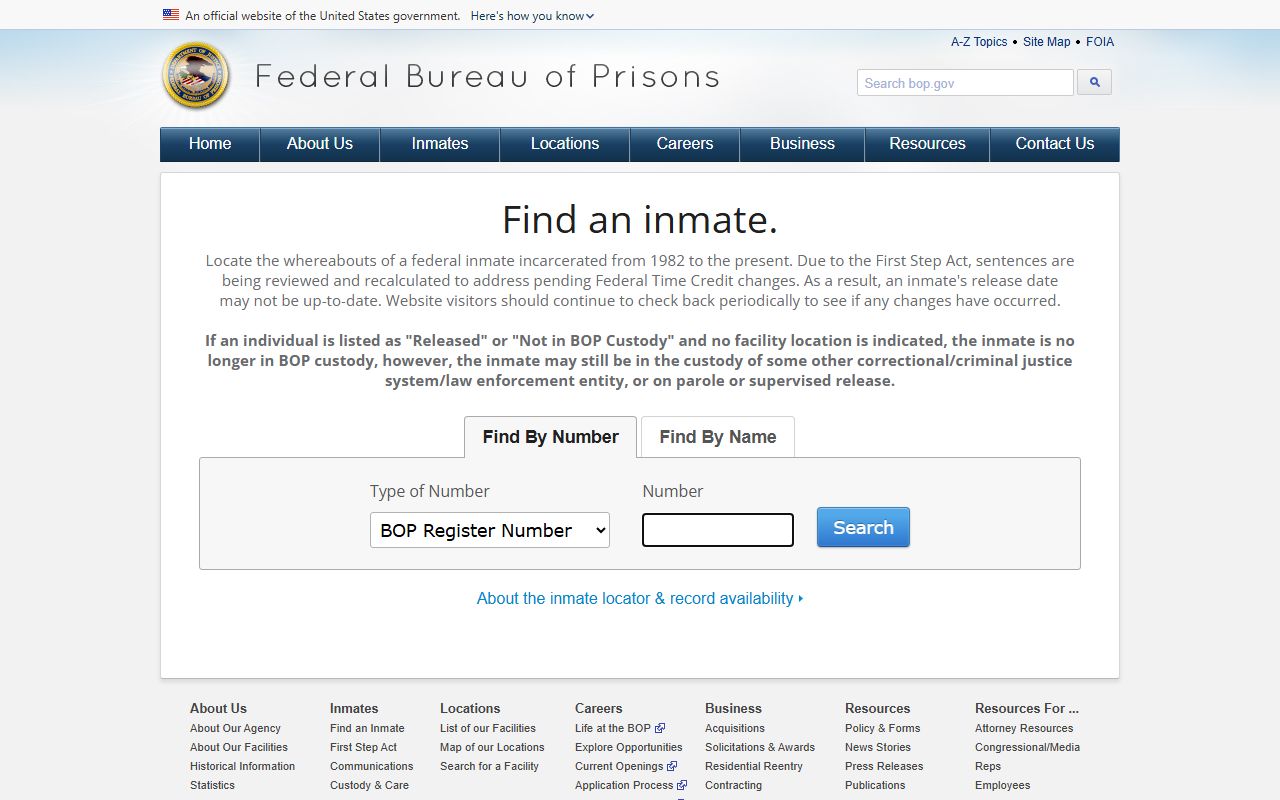 BOP inmate locator with find by number and find by name tabs