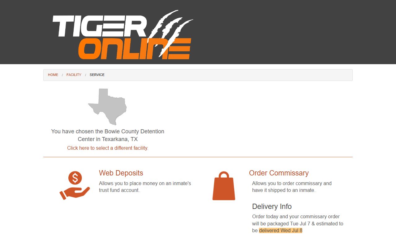 Bowie County inmate records Tiger Commissary web deposits and commissary options